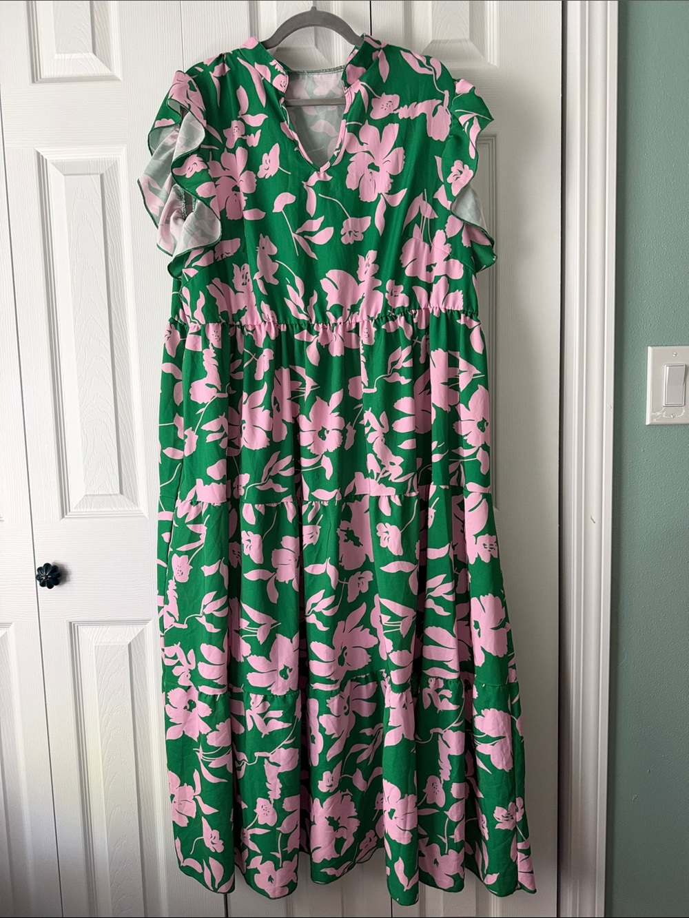 Women’s Green & Pink Floral Tiered Dress